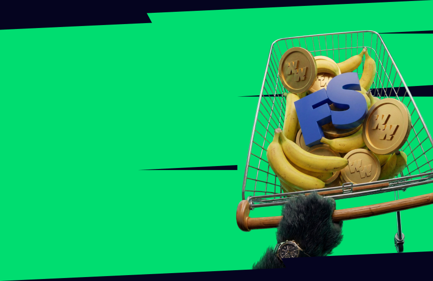Grafika WildWinz z bananami, monetami i wózkiem zakupowym